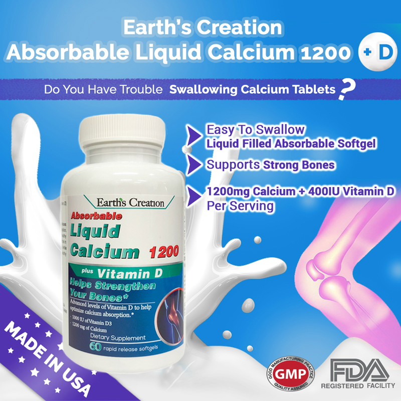 Earth Creation Absorbable Liquid Calcium 1200mg 60 Softgels VitaminMall